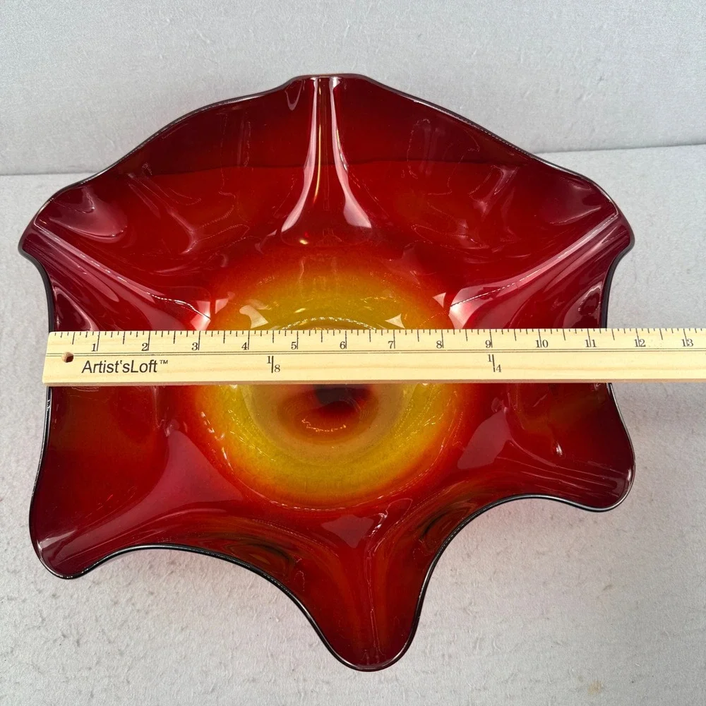 Blenko Tangerine Glass Ruffled Bowl Signed Richard Blenko Retro‎ 2002 MCM
